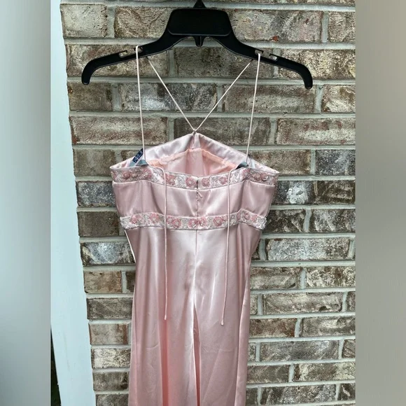 Vintage 90s Pastel Pink Beaded Halter/Multi Way Prom Formal Dress